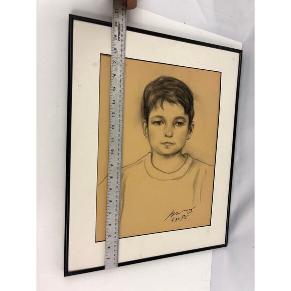 Vintage Pencil Drawing of Boy - Wall Art Portrait 1990s OOAK - Picture 3 of 11